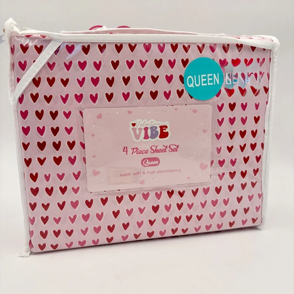 Valentine Vibe Queen 4 Piece Sheet Set Pink Red Hearts Super Soft